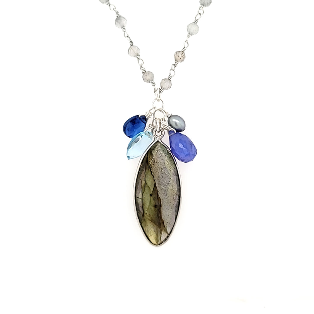 AVF Silver Marquise Shaped Labradorite & Beaded Chain with Tanzanite, Blue Topaz, Pearl & Kyanite Cluster Necklace (SI3726)