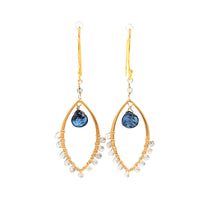 Load image into Gallery viewer, AVF Gold Beaded Labradorite &amp; Kyanite Drop Marquise Shaped Dangle Earrings (SI3769)

