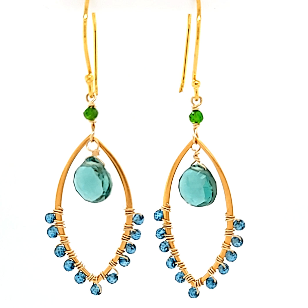 AVF Gold Green & Blue Quartz Marquise Shaped Dangle Earrings (SI3744)