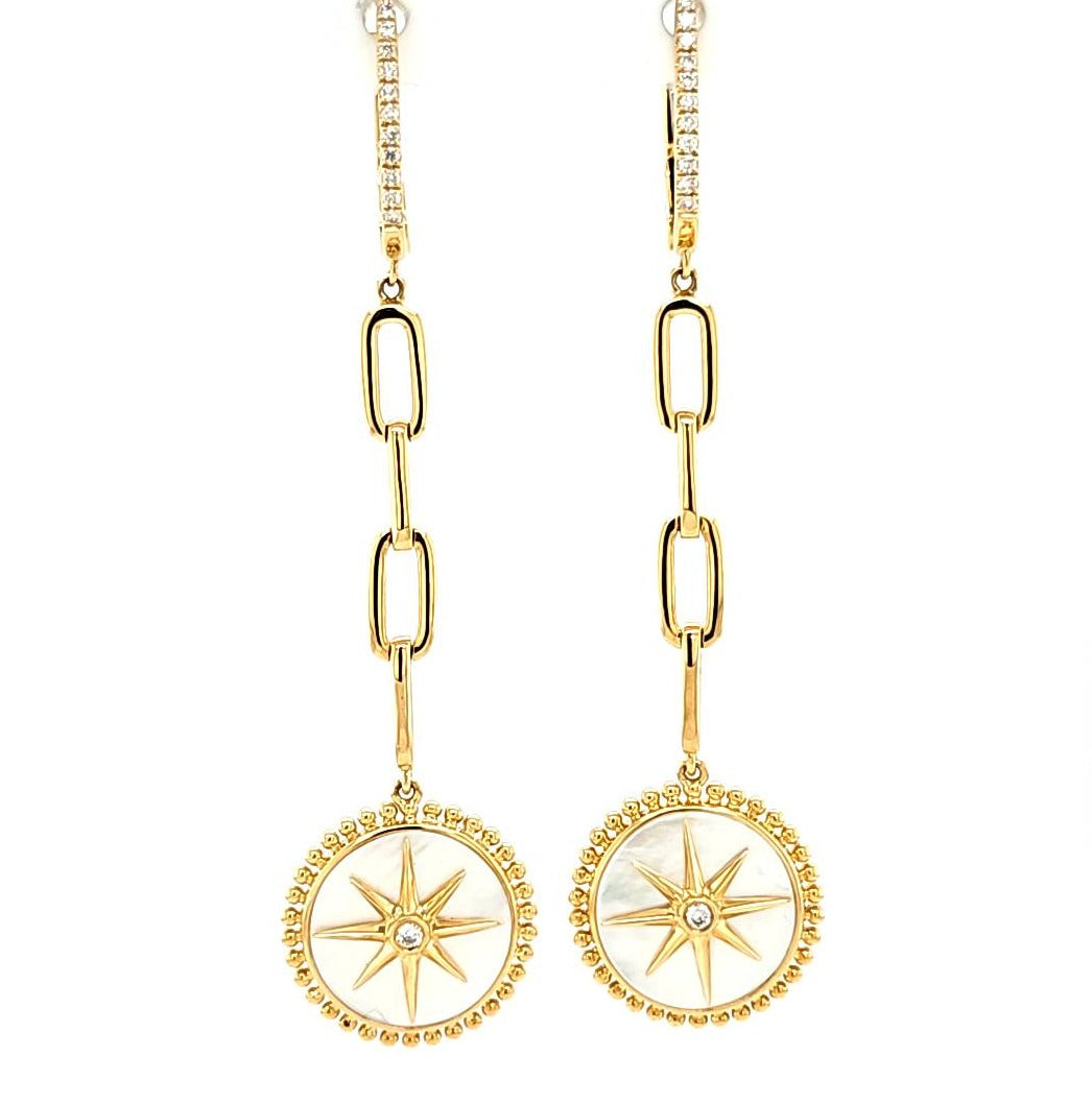 18k Yellow Gold Mother of Pearl & Diamond Journey Chain Dangle Earrings (I7902)
