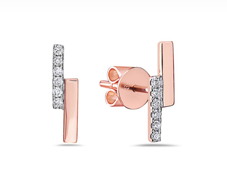 14k Rose Gold Petite Double Bar Diamond Stud Earrings (I6535)