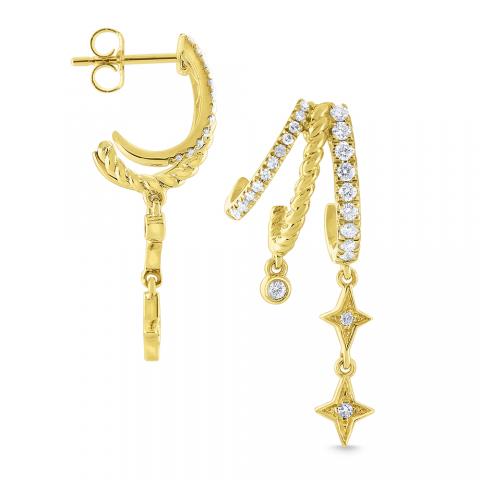 14k Yellow Gold Diamond Triple Hoop Star Dangle Earrings (I6558)
