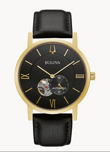 Load image into Gallery viewer, Bulova Men's 'American Clipper' Black Dial, Gold Case, Black Leather Band (I6933)