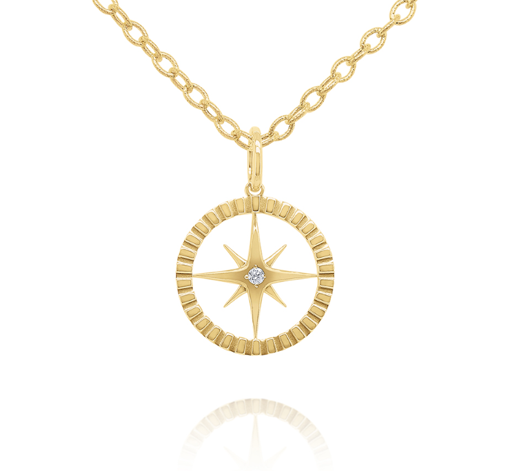 14k Yellow Gold Diamond Compass Journey Necklace (I8359)
