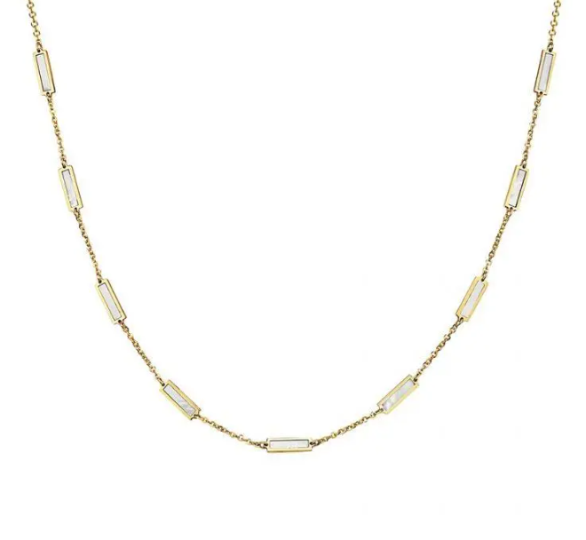 14k Yellow Gold Rectangle Mother of Pearl Station Necklace (I8079)