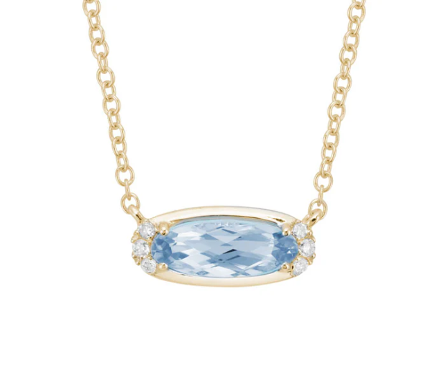 14k Yellow Gold Oval Aquamarine & Diamond Necklace (I8396)