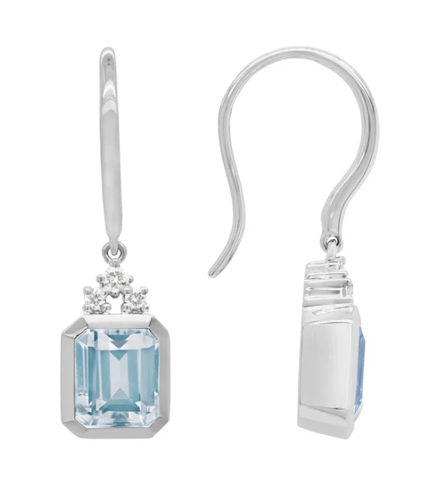 14k White Gold Emerald Cut Aquamarine & Diamond Dangle Earrings (I8398)