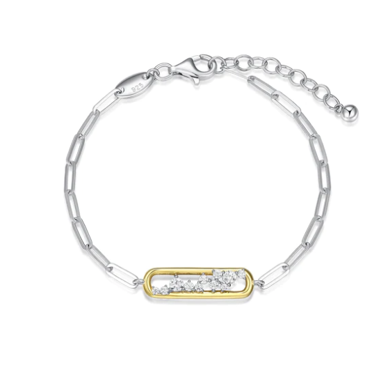 Two Tone Scattered CZ Paperclip Bracelet (SI5250)