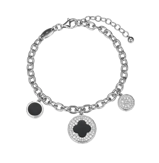 Sterling Silver Onyx & CZ Charm Dangle Cable Chain Bracelet (SI5255)