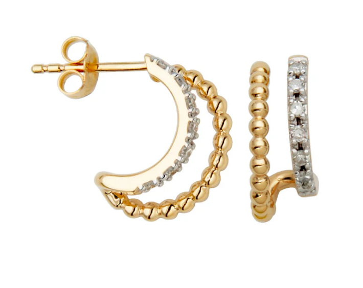 14k Yellow Gold Beaded & Diamond Double Hoop Earrings (I8341)