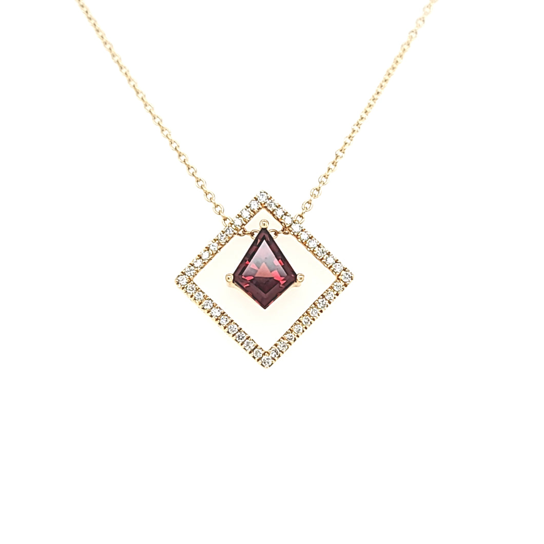 Yellow Gold Garnet & Diamond Geometric Necklace (I6509)
