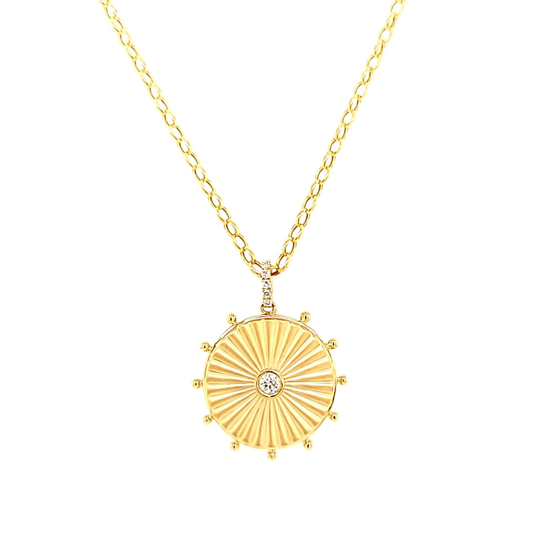 18k Yellow Gold Rays of Sunshine Diamond Medallion Necklace (I7902)