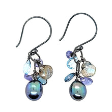 Load image into Gallery viewer, AVF Oxidized Tahitian Pearl, Tanzanite, Labradorite &amp; Blue Topaz Cluster Earrings (SI2913)
