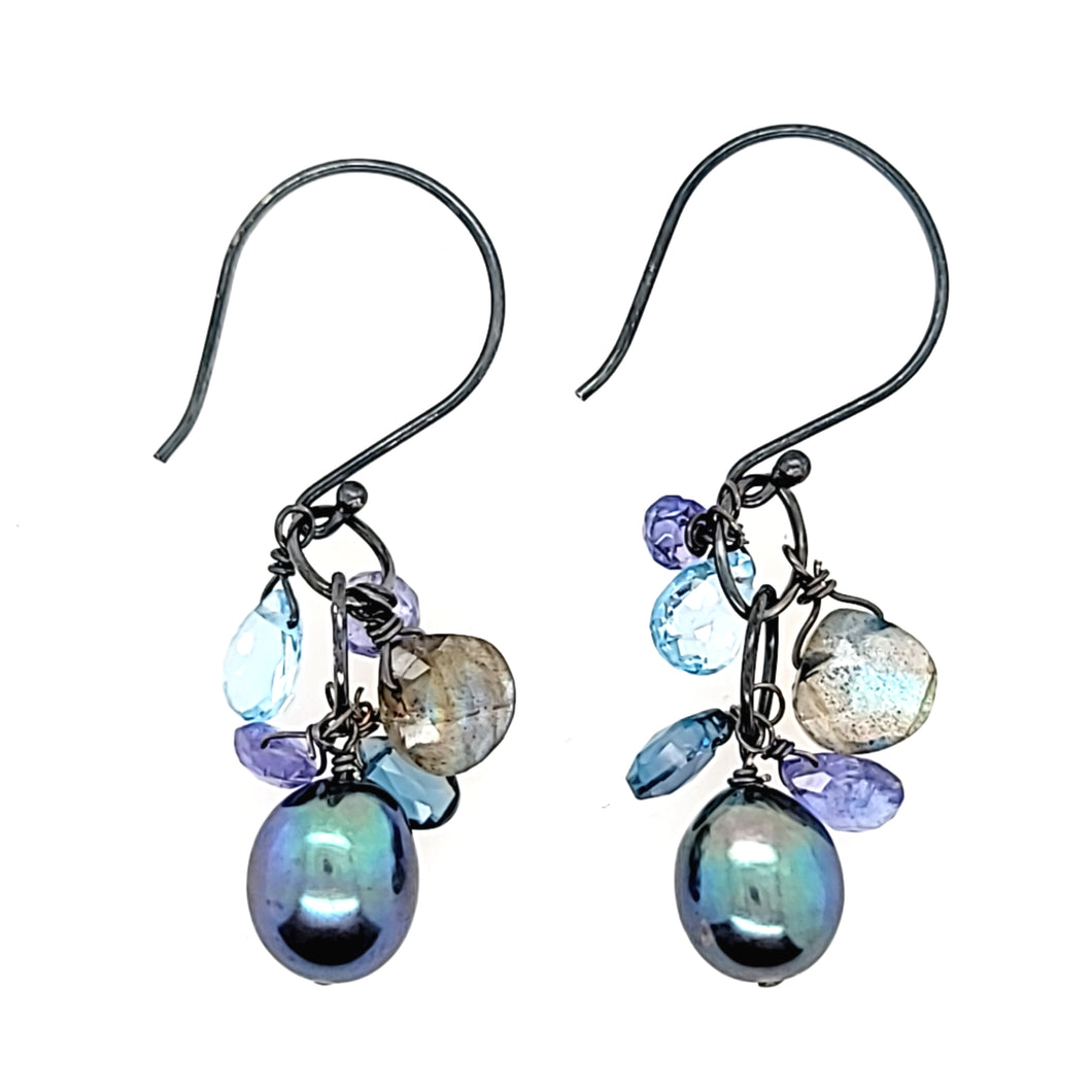 AVF Oxidized Tahitian Pearl, Tanzanite, Labradorite & Blue Topaz Cluster Earrings (SI2913)