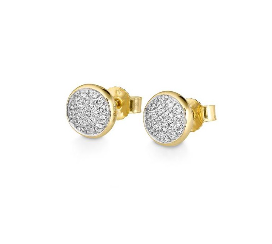 14k Yellow Gold Pave Diamond Disc Stud Earrings (I8737)