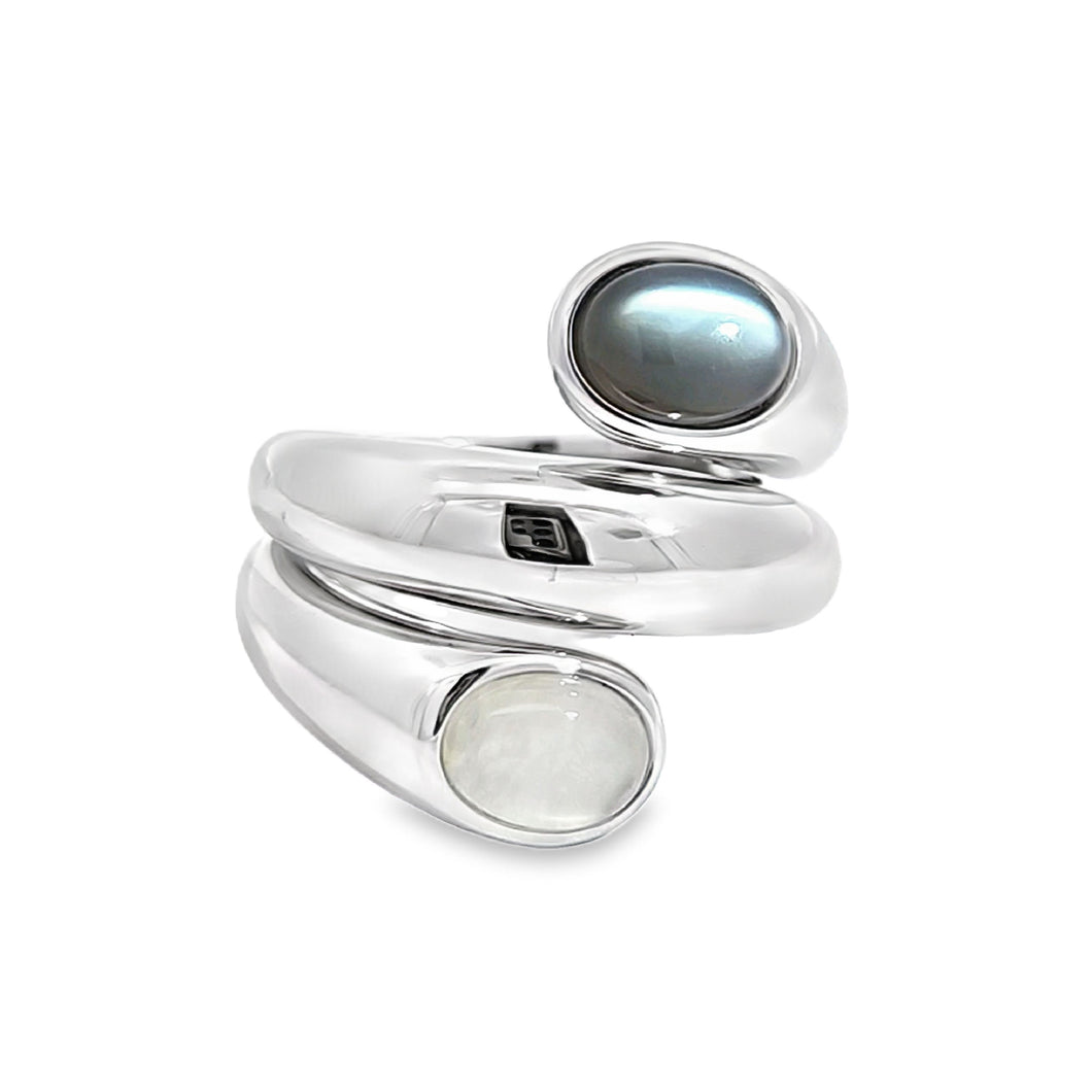 Sterling Silver Rhodium Plated Gray & White Moonstone Wraparound Ring (I8780)