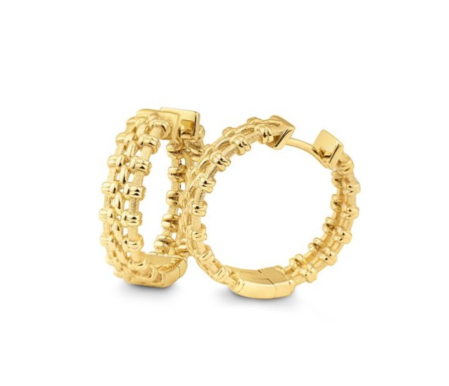 14k Yellow Gold Weave Texture Hinged Hoop Earrings (I8743)