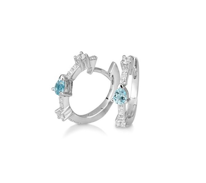 14k White Gold Pear Shaped Blue Topaz & Diamond Hoop Earrings