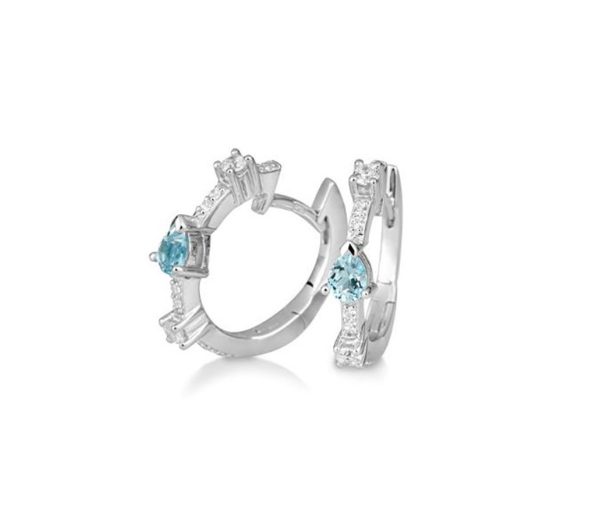 14k White Gold Pear Shaped Blue Topaz & Diamond Hoop Earrings (I8858)