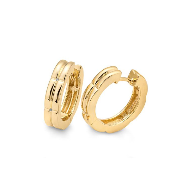 14k Gold Ridged Diamond Accent Huggie Hoop Earrings