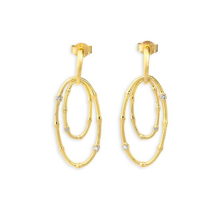 14k Gold Bezel Diamond Bamboo Dangle Earrings