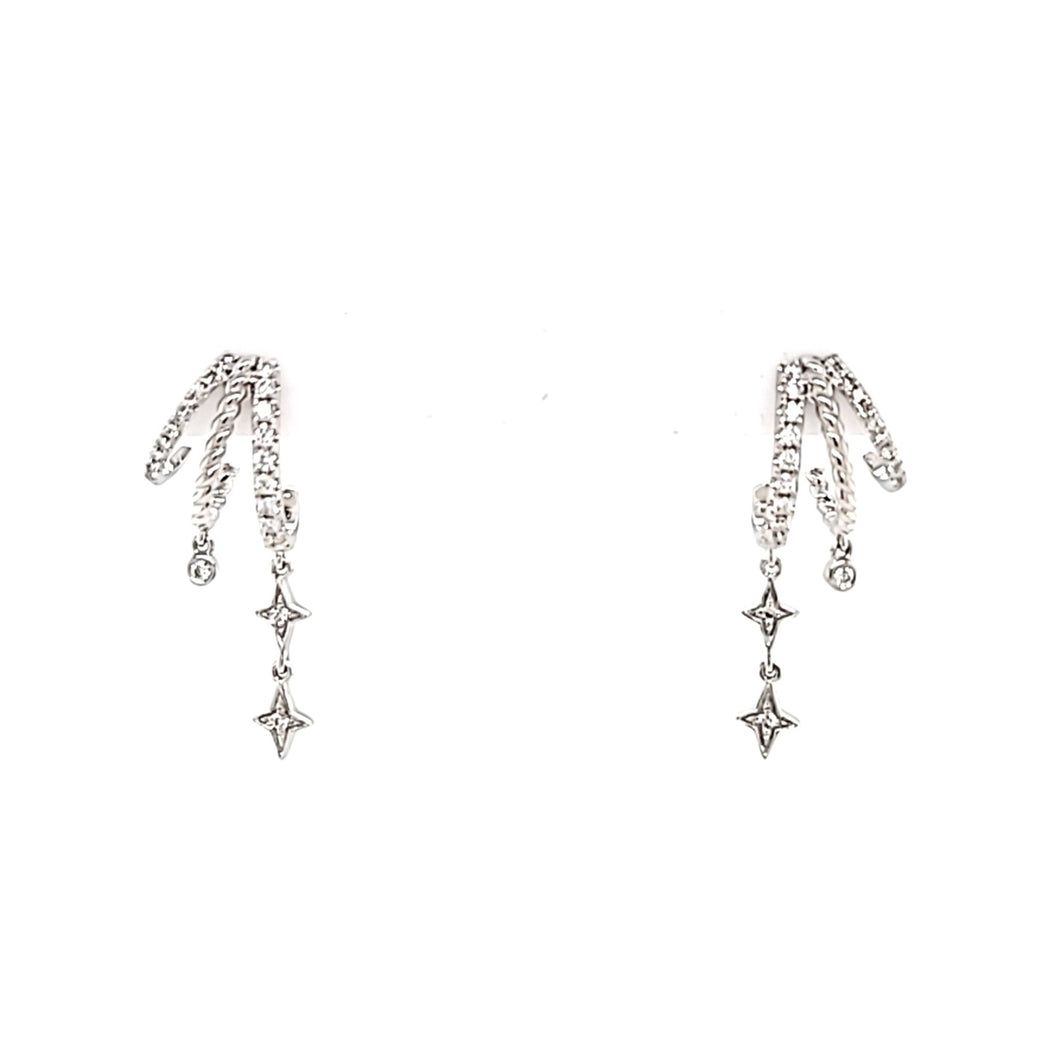 14k White Gold Diamond Triple Hoop Star Dangle Earrings (I8059)