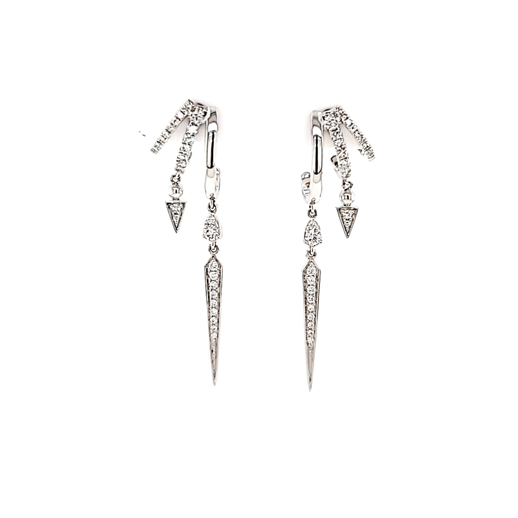 14k White Gold Diamond Dagger Triple Hoop Long Dangle Earrings (I7905)