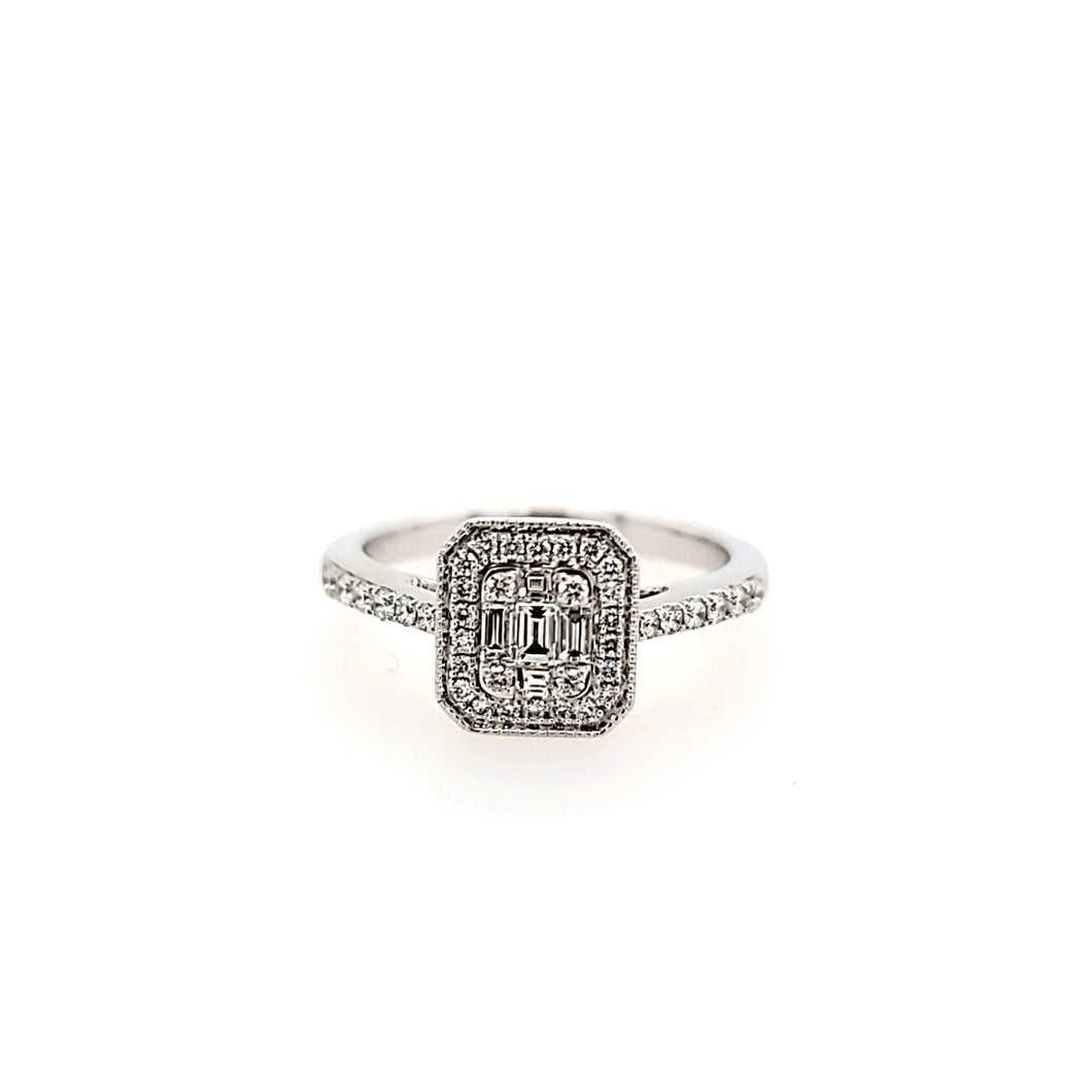 14k White Gold Baguette & Round Diamond Cluster Engagement Ring (I4193)