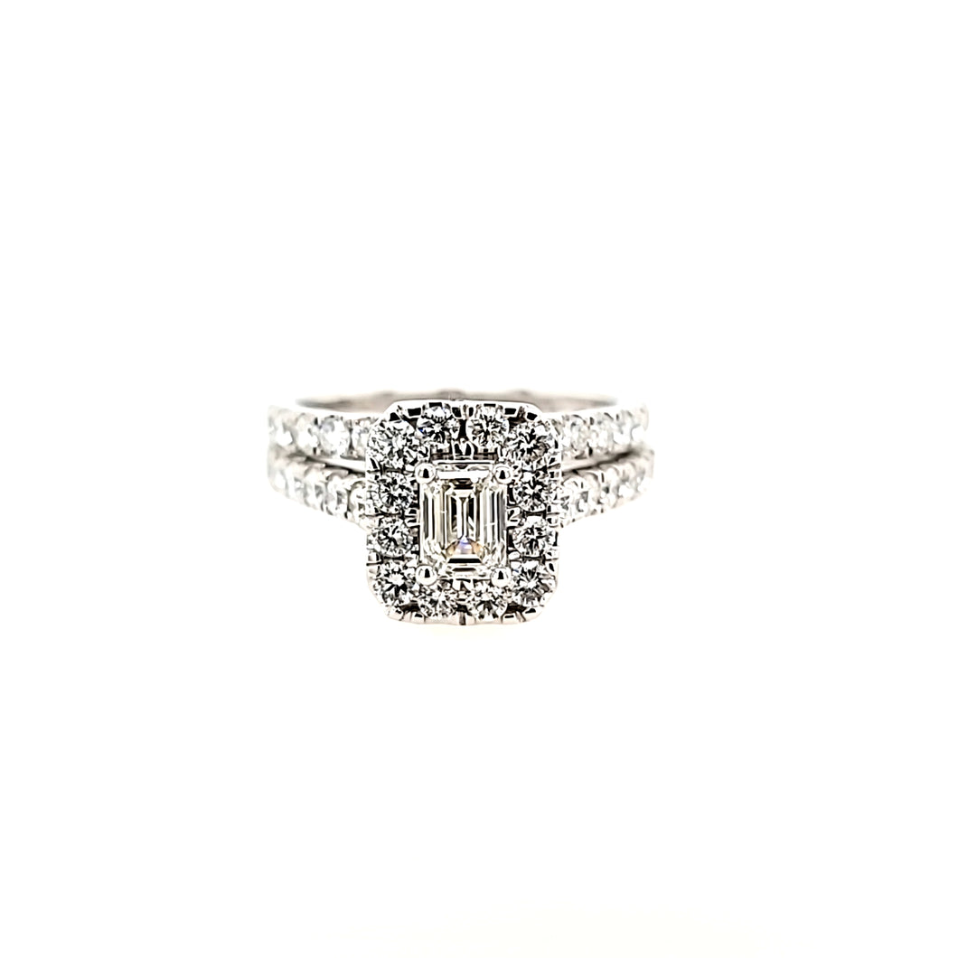 14k White Gold Emerald Cut Diamond Halo Engagement Ring & Wedding Band Set (I7604)