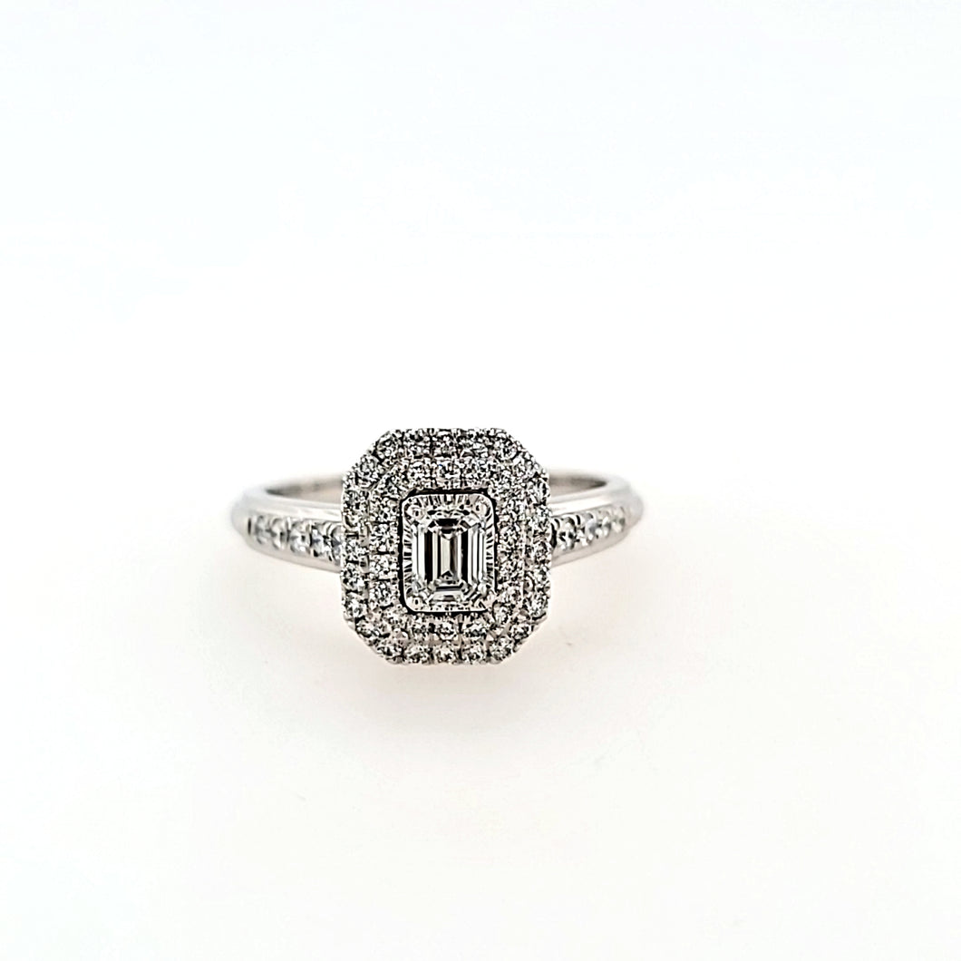 14k White Gold Emerald Cut Double Halo Engagement Ring (I3022)