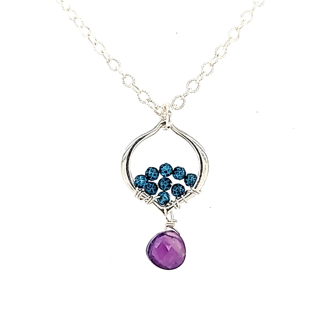 AVF Silver Petite Moroccan Inspired Beaded Blue Quartz & Amethyst Drop Necklace (SI3609)