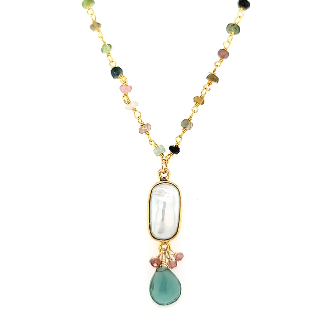 AVF Beaded Tourmaline with Bezel Oval Pearl & Green Quartz Drop Necklace (SI3694)