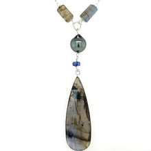 Load image into Gallery viewer, AVF Silver Pear Shaped &amp; 10 Barrel Cut Labradorite with Tahitian Pearl &amp; Kyanite Accent Long Necklace (SI3722)
