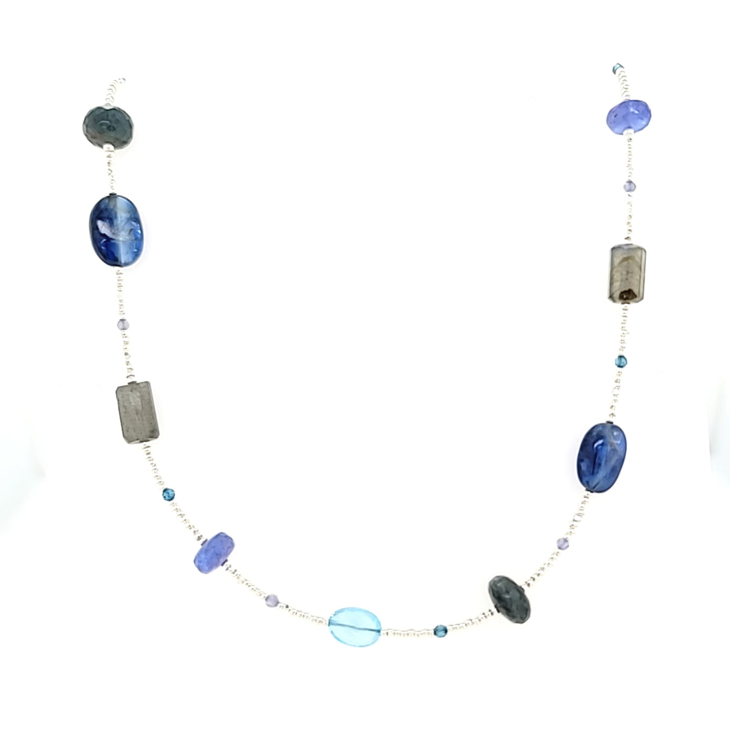 AVF Silver Glass, Kyanite, Labradorite, Blue Topaz, Moss Aqua & Tanzanite Beaded Station Necklace (SI3693)