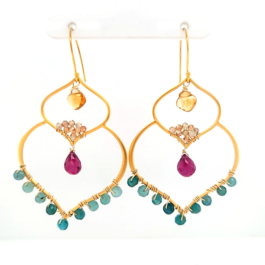 AVF Gold Moroccan Inspired Sunstone, Ruby, Zircon & Grandidierite Large Dangle Earrings (SI3756)