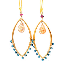 Load image into Gallery viewer, AVF Gold Sunstone, Ruby &amp; Blue Quartz Marquise Shaped Dangle Earrings (SI3747)

