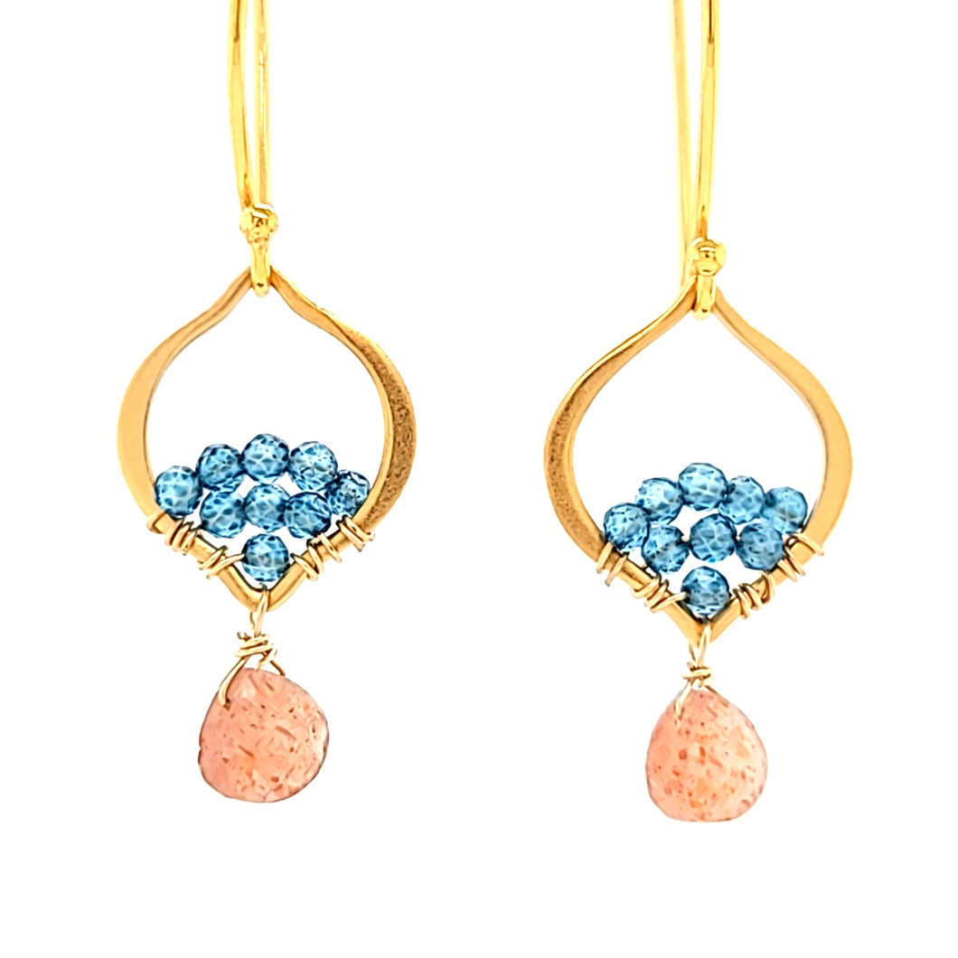 AVF Gold Petite Moroccan Style Beaded Blue Quartz & Sunstone Drop Earrings (SI3739)