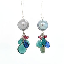 Load image into Gallery viewer, AVF Silver Tahitian Pearl with Green Quartz, Kyanite, Grandidierite, Kyanite &amp; Pink Tourmaline Cluster Earrings (SI3773)
