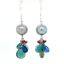 Load image into Gallery viewer, AVF Silver Tahitian Pearl with Green Quartz, Kyanite, Grandidierite, Kyanite &amp; Pink Tourmaline Cluster Earrings (SI3773)
