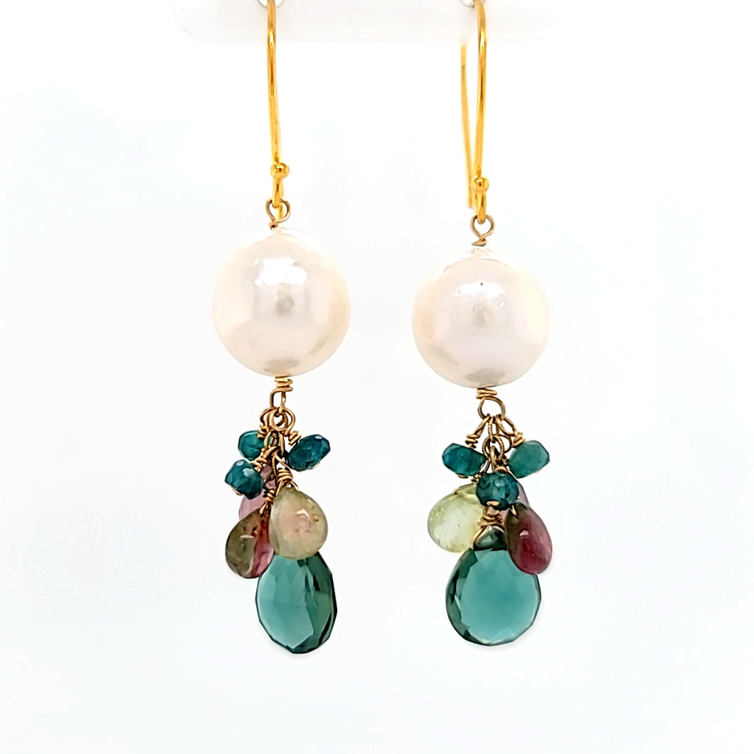 AVF Gold Pearl, Tourmaline, Grandidierite, Pink Sapphire & Quartz Cluster Earrings (SI3736)