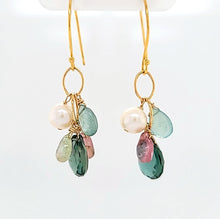 Load image into Gallery viewer, AVF Gold Green Quartz, Pearl, Grandidierite, Tourmaline Cluster Earrings (SI3776)
