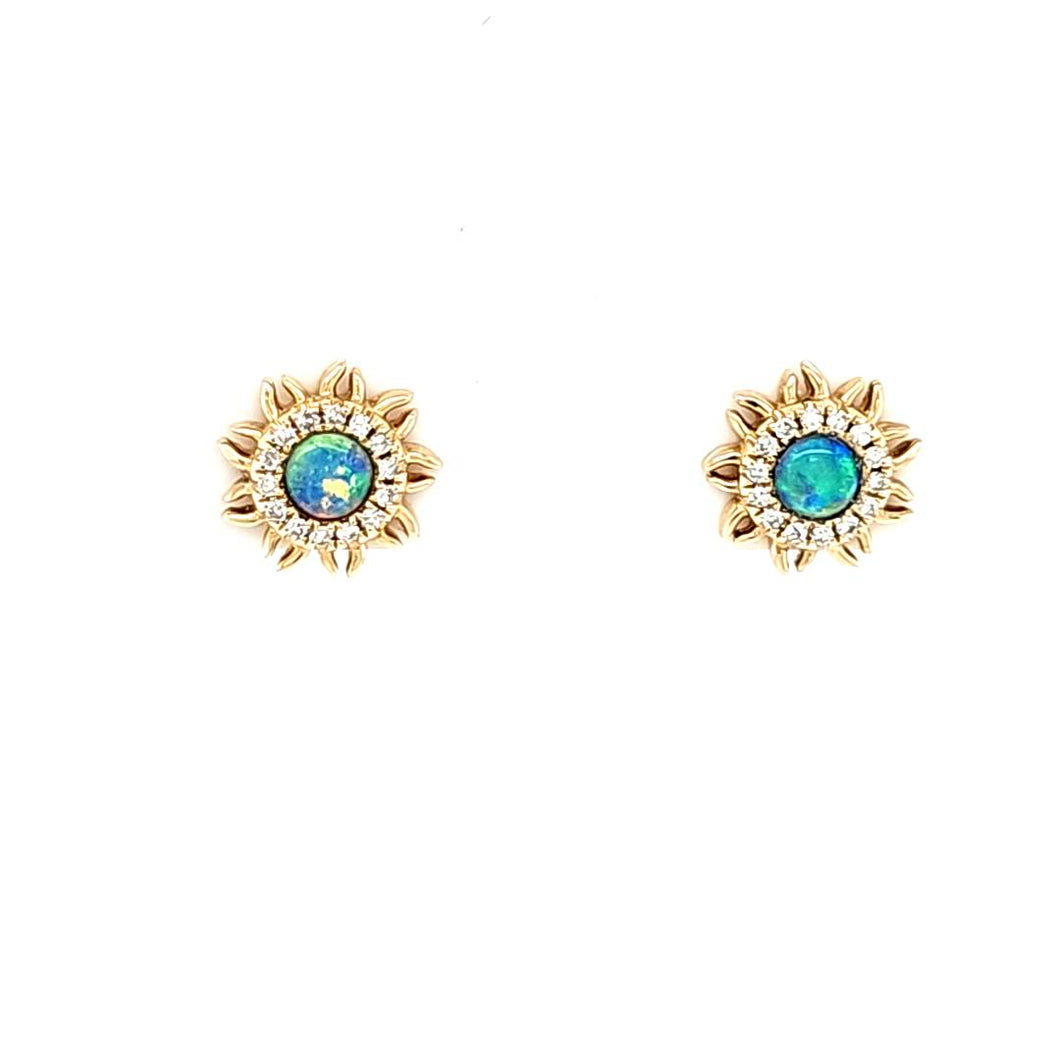 14k Yellow Gold Opal & Diamond Sun Stud Earrings (I7530)