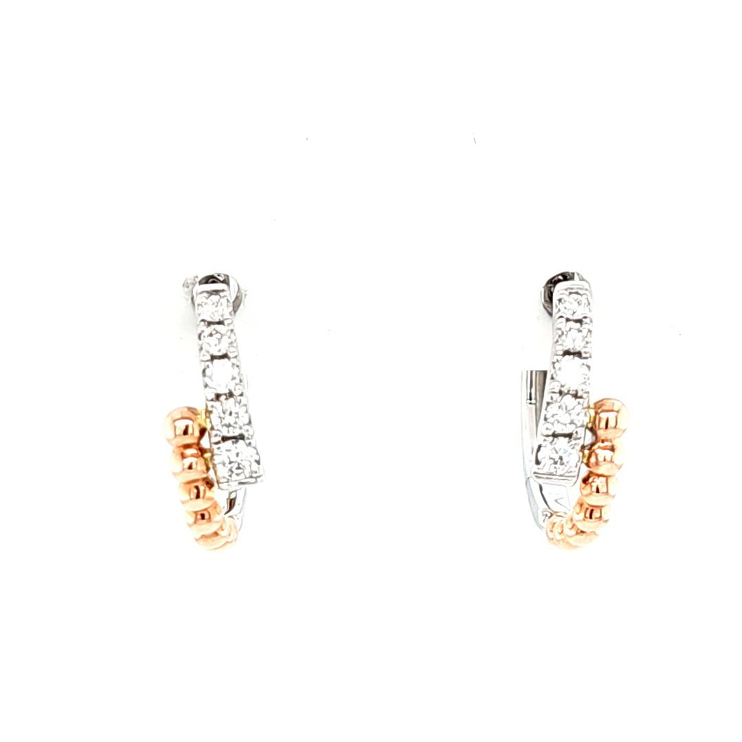 14k Rose & White Gold Diamond Overlap Beaded Hoop Earrings (I6514)