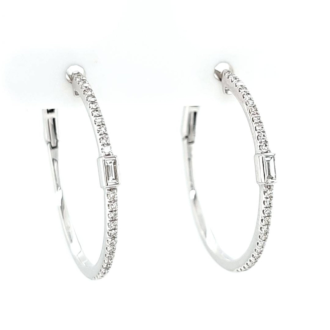 14k White Gold Baguette Diamond Accent Hoop Earrings (I6612)