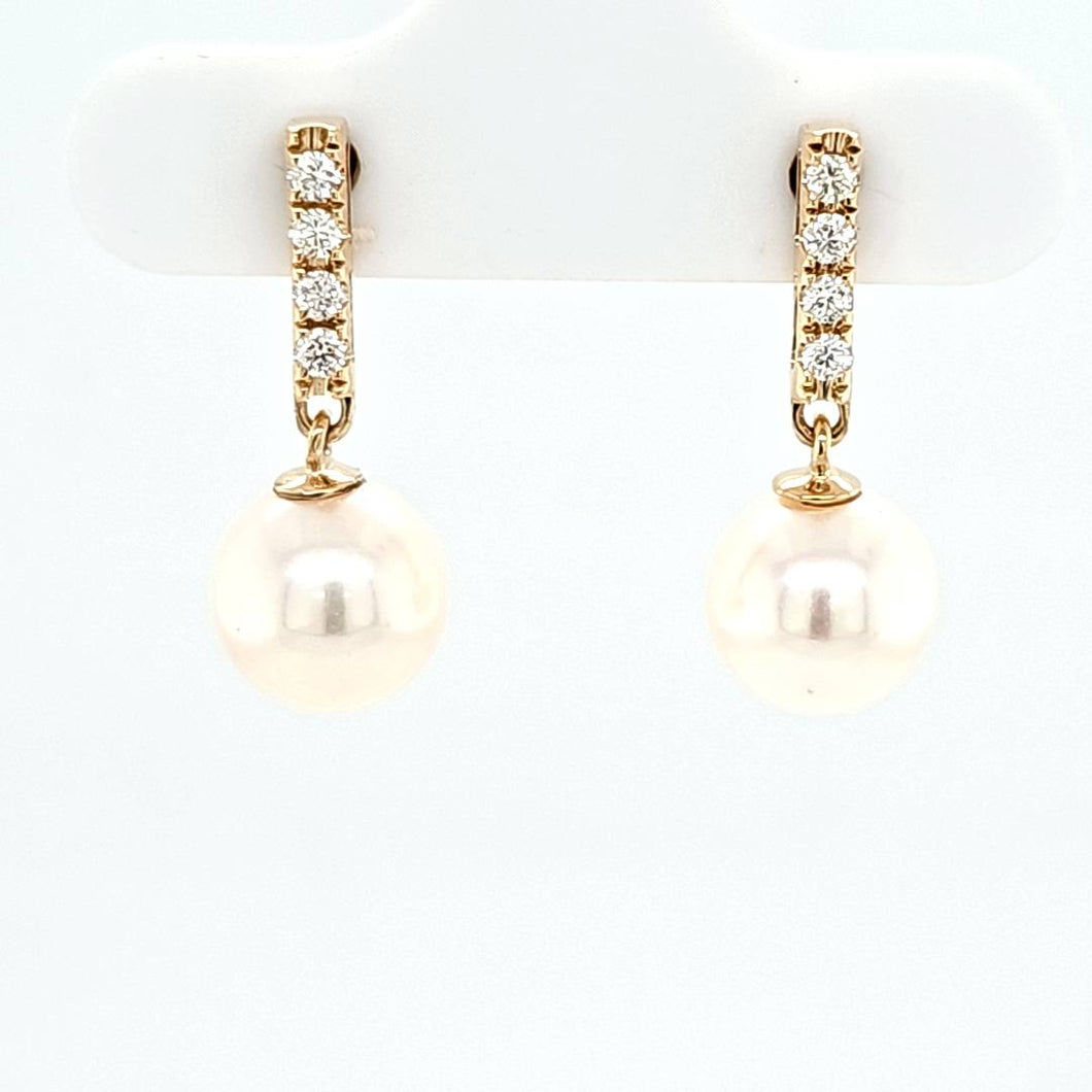 14k Yellow Gold Freshwater Pearl & Diamond Drop Earrings (I8167)
