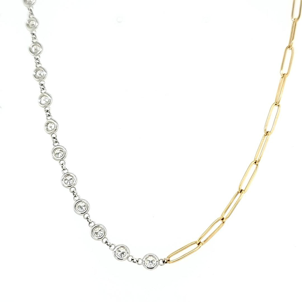 14k Yellow & White Gold Bezel Diamond & Paperclip Chain Half/Half Necklace (I8099)