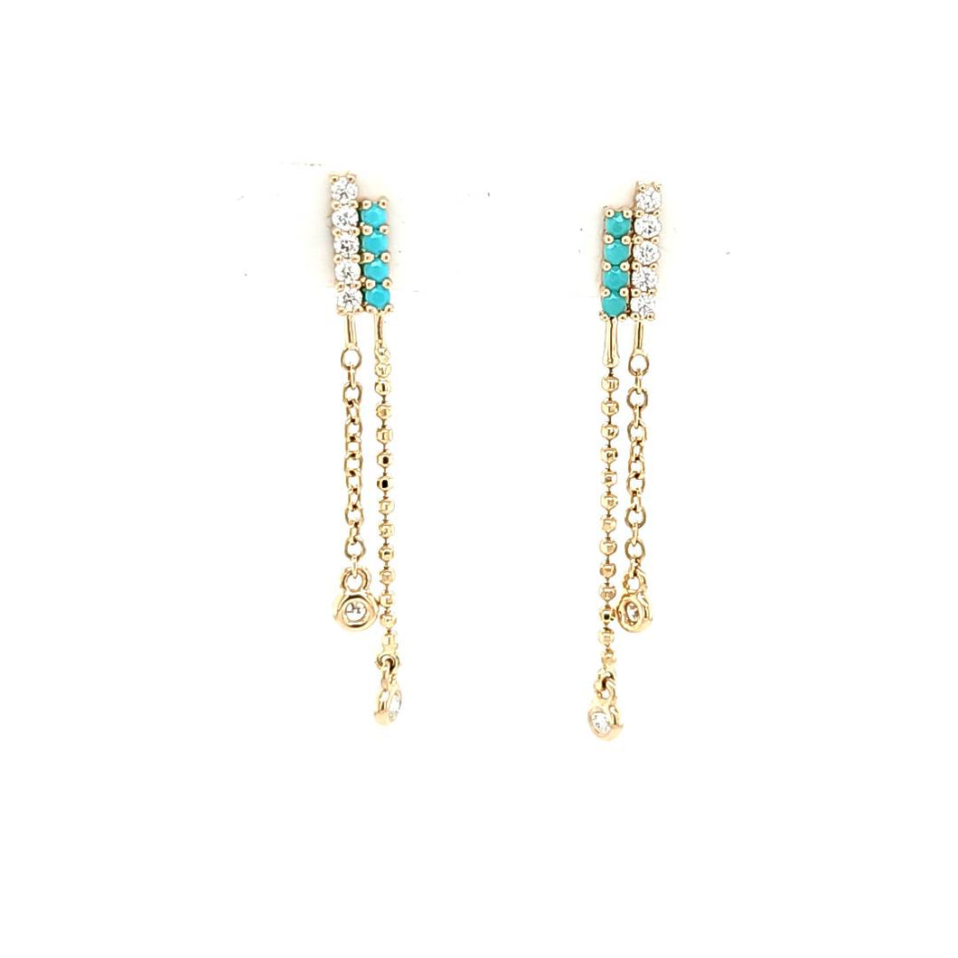 14k Yellow Gold Turquoise & Diamond Chain Dangle Earrings (I8217)