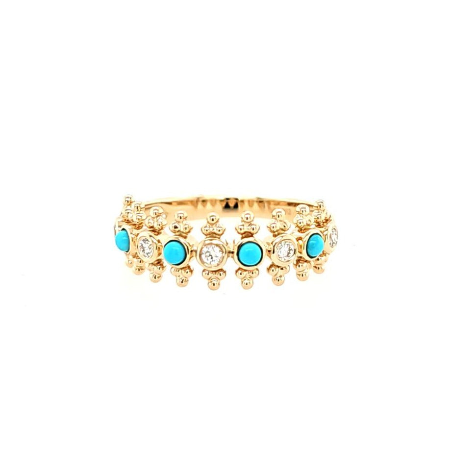 14k Yellow Gold Alternating Turquoise & Diamond Ring (I8215)