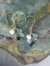 Load image into Gallery viewer, AVF Gold Green Quartz, Pearl, Grandidierite, Tourmaline Cluster Earrings (SI3776)
