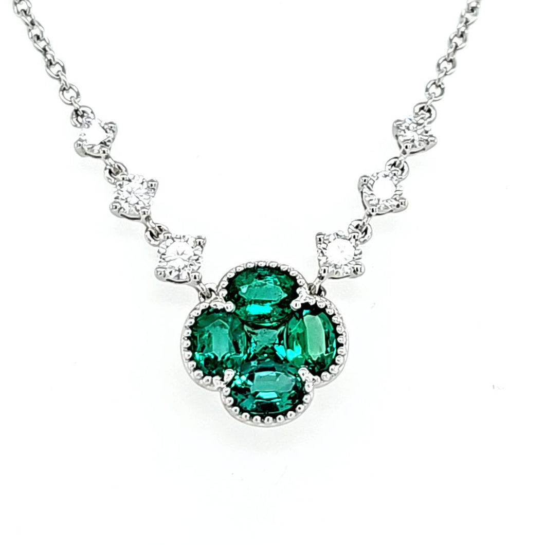 18k White Gold Emerald Clover & Diamond Necklace (I8409)